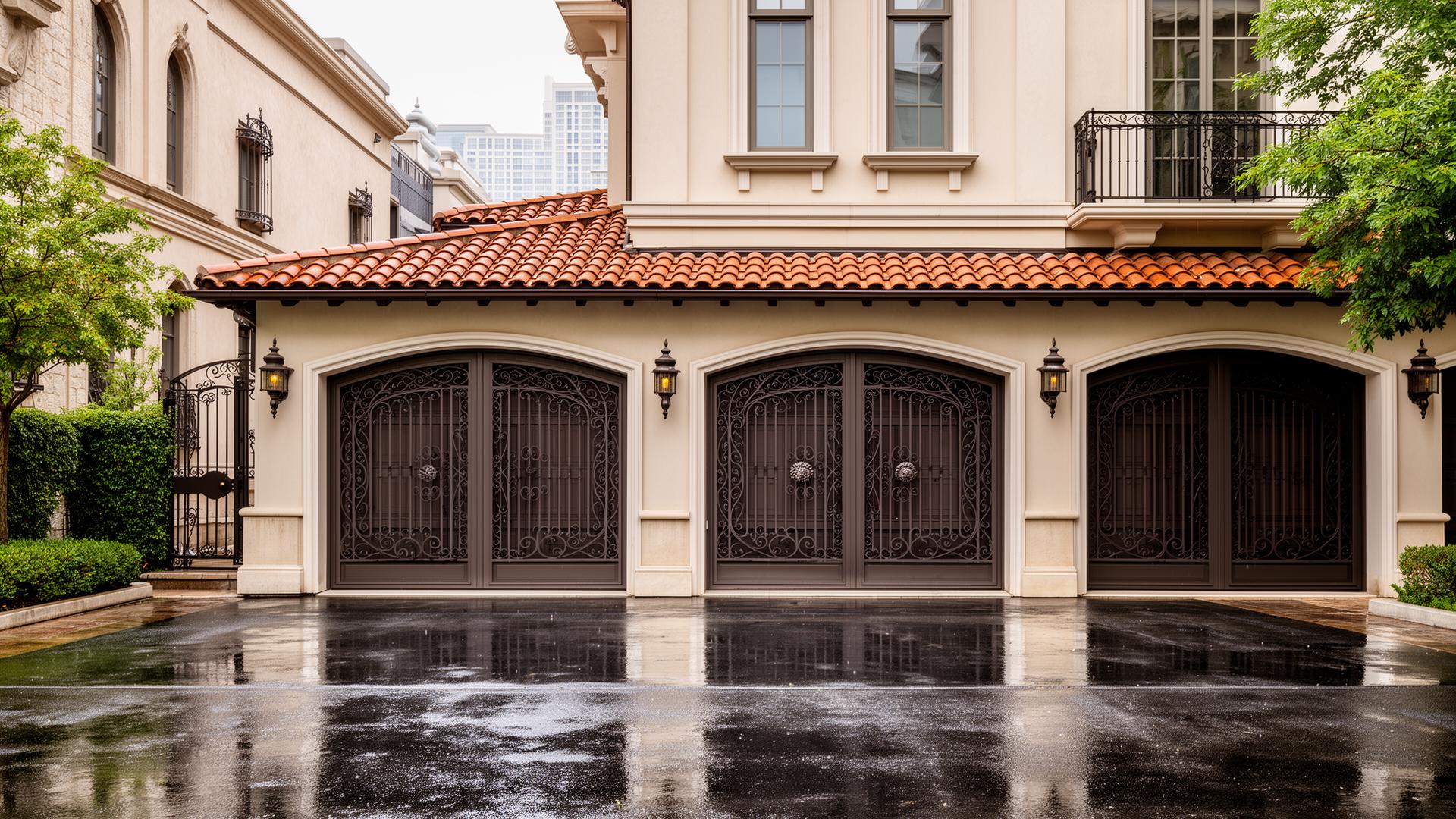 Premium Spanish colonial style garage doors with decorative iron grilles on upscale townhouse